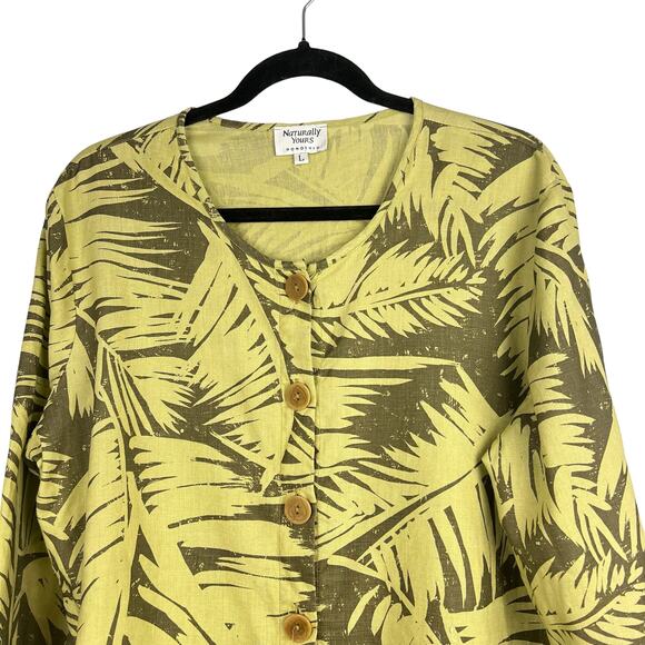 NATURALLY YOURS Honolulu Women’s Linen Palm Print Button Front Blouse Lg - Picture 2 of 7